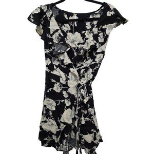 Free People Black & White Floral Wrap Dress With Ruffle Sleeves Size S/P